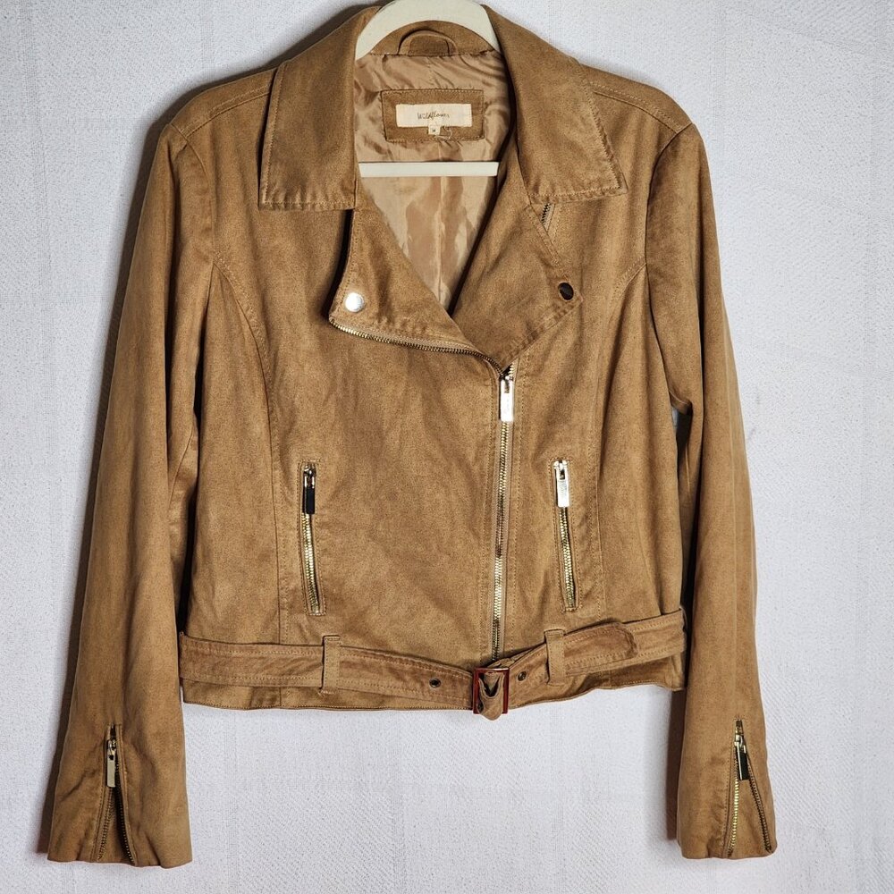 Wildflower Tan Poly Faux Suede Belted Cropped Moto Jacket with Gold Accents Sz M - Picture 12 of 16